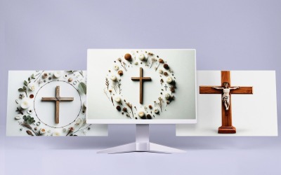 Coleção de 3 cruzes cristãs com folhas em fundo branco de alta qualidade