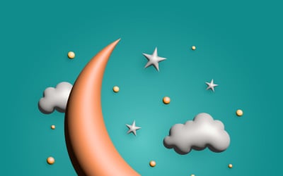Una luna creciente vectorial de Ramadán en 3D con estrellas y nubes