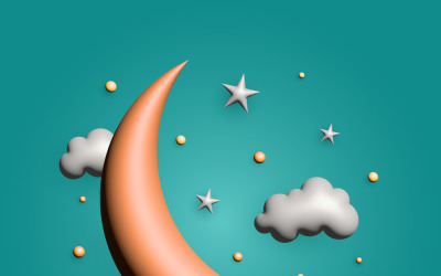 Vektorový 3D srpek měsíce ramadánu s hvězdami a mraky