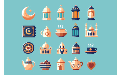 Illustrazione del set di icone della celebrazione islamica del Ramadan