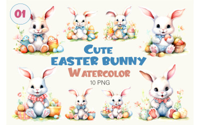 Cute Easter Bunny 01. Watercolor, PNG.