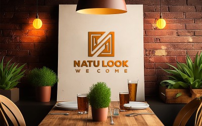 Restaurant Sing Logo Mockup | white board mockup on restaurant | White billboard on brick wall