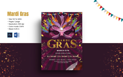 Modello di volantino per invito alla festa del Mardi Gras. Parola e PSD