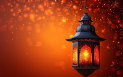 Design de saudação Ramadan Kareem com lanternas e lua