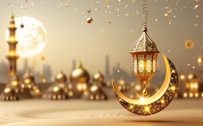 Design di auguri Ramadan Kareem con luna dorata con lanterna 01