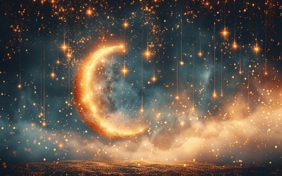 Diseño de banner de saludo de Ramadán con luna dorada y brillos