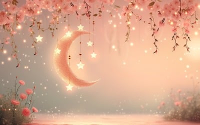 Ramadan Kareem greeting Banner design pastel colours with moon and star and flowers