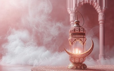 Ramadan Kareem greeting banner design with lantern &amp;amp; moon