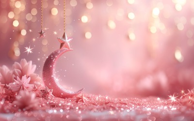 Ramadan Kareem Poster di auguri dorato con design pastello I colori rosa brillano con la luna e le stelle