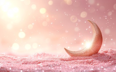 Ramadan Kareem salutation bannière design couleurs pastel avec lune et fond de paillettes rose pastel