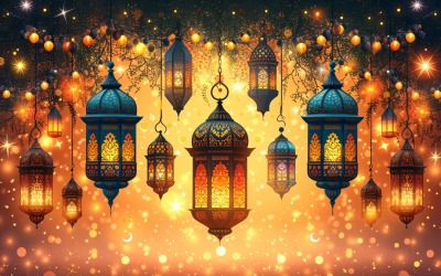 Ramadan Kareem üdvözlő banner design lámpával 02