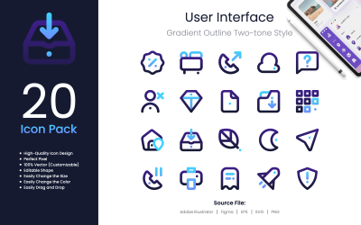 User Interface Icon Pack Gradient Outline Two-Tone Style 3