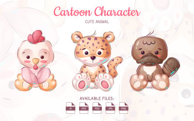 Set 3 Cartoon Characters: Chick, Cheetah, Platypus