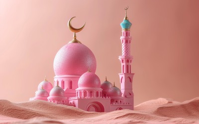 Banner de saludo de Ramadán Mezquita rosa y fondo del desierto