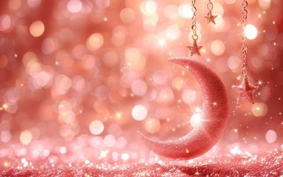 Design de banner de cartão Ramadan Kareem com lua rosa e estrela com brilho e bokeh