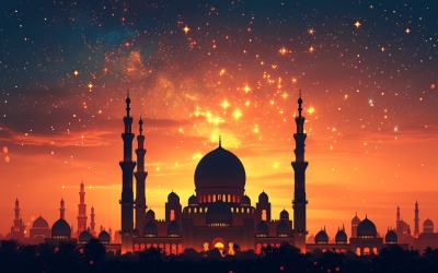 Design de cartão Ramadan Kareem com mesquita e brilhos