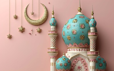 Design del banner di saluto Ramadan Kareem con moschea e luna