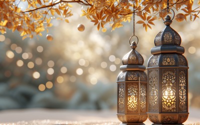 Diseño de banner de saludo de Ramadán con hojas y fondo de linterna