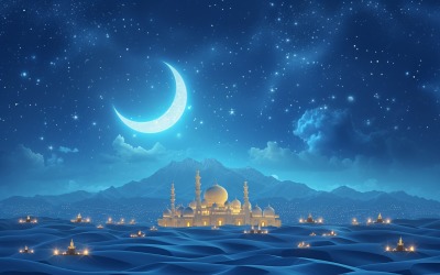 Ay ve cami 03 ile Ramazan Kareem tebrik kartı afiş tasarımı