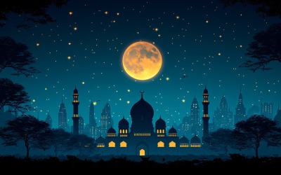 Conception d&amp;#39;affiche de bannière de carte de voeux Ramadan Kareem avec lune et mosquée 03