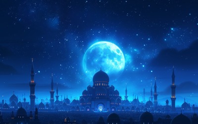Design de banner de cartão Ramadan Kareem com lua e mesquita