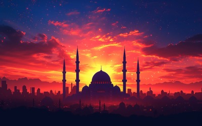 Design de banner de cartão Ramadan Kareem com mesquita e nuvem