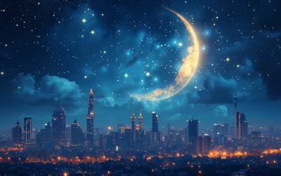 Design de cartaz de banner de cartão Ramadan Kareem com lua e construção