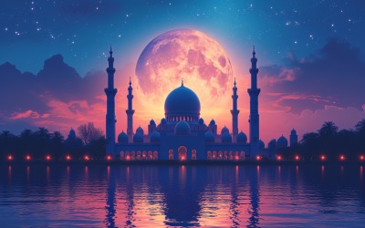 Design del poster per banner di auguri Ramadan Kareem con luna e moschea 01