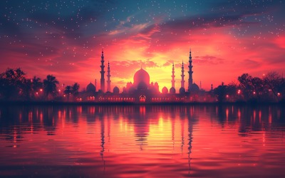 Diseño de banner de tarjeta de felicitación de Ramadán Kareem con mezquita y vista al mar