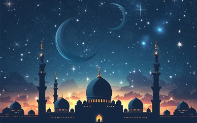 Diseño de carteles de tarjetas de felicitación de Ramadán Kareem con luna y mezquita.