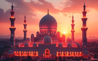 Projekt banera z pozdrowieniami Ramadan Kareem z minarem meczetu