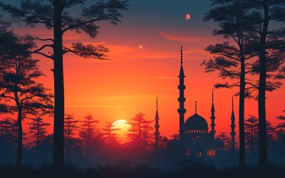 Projekt banera z życzeniami Ramadan Kareem z drzewami i minarem meczetu oraz zachodem słońca 02