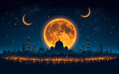Projekt plakatu z pozdrowieniami Ramadan Kareem z księżycem i meczetem.