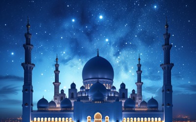Ramadan Kareem greeting card banner design with mosque &amp;amp; star