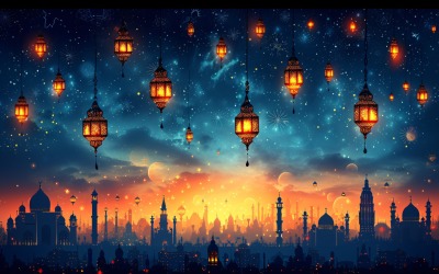 Ramadan Kareem greeting card banner poster design with mosque &amp;amp; lantern