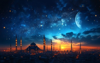 Ramadan Kareem greeting card banner poster design with mosque &amp;amp; moon 01