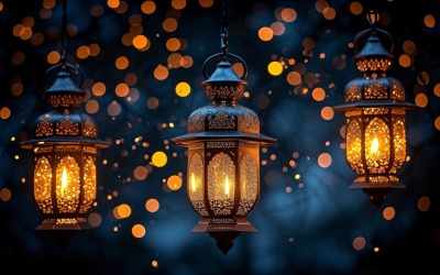 Conception de bannière de carte de voeux Ramadan Kareem avec lanterne et bokeh 04