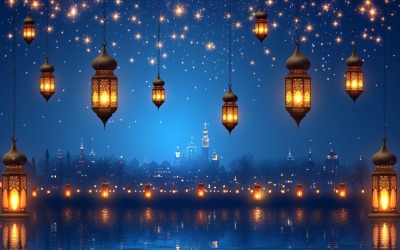 Ramadan Kareem greeting card banner design with lantern &amp;amp; star