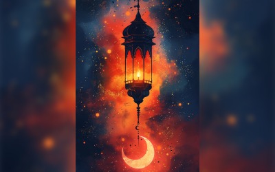 Diseño de carteles de tarjetas de felicitación de Ramadán Kareem con linterna y luna 01