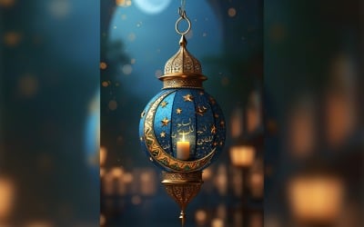 Ramadan Kareem greeting poster design with lantern and lamp background