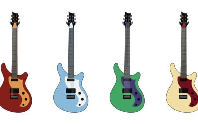 Retro elektrische kleurrijke gitaar, een vintage vectorillustratieset