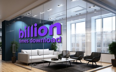 Realistic office glass wall 3d purple logo mockup office waiting room glass wall logo mockup