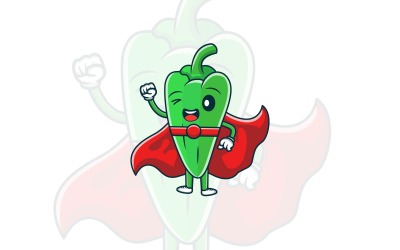 Illustrazione sveglia dell&amp;#39;icona di vettore dei personaggi dei cartoni animati del supereroe del peperoncino verde sveglio