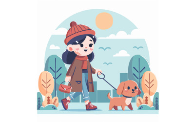 Illustration einer Frau, die draußen mit dem Hund spazieren geht