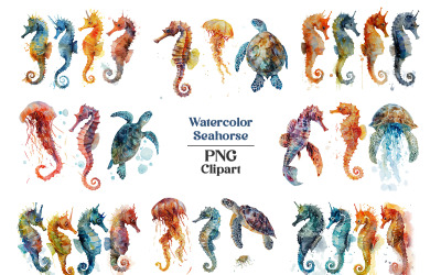 Handgetekende aquarel zeedieren, oceaanvissen, schildpadden, walvissen en koraal clipart illustratie