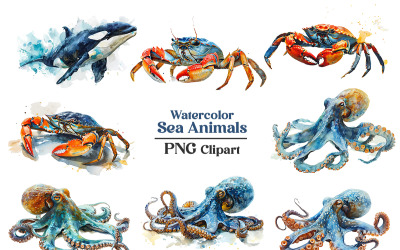 Klipart ilustrace ručně tažené akvarel mořských živočichů