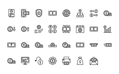 Gotowy do użycia zestaw ikon waluty w stylu konspektu