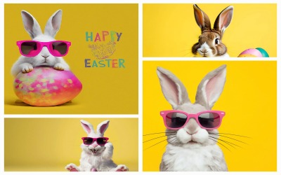 4 有趣的复活节兔子在黄色背景下隔离的集合