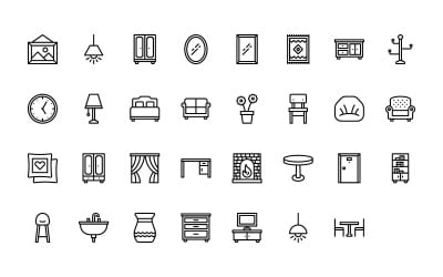 Conjunto de iconos de decoración del hogar y muebles de estilo de esquema listo para usar