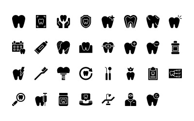 Готовый к использованию набор иконок для стоматологической помощи в стиле глифа